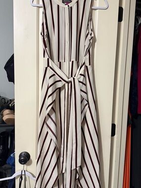 Striped Asymmetrical Tie-Waist Dress in Cream and Burgundy